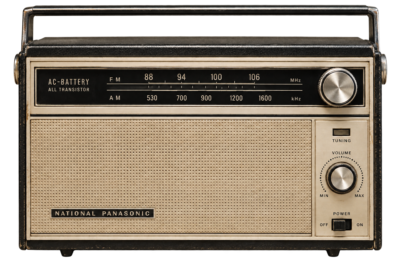 Radio portátil National Panasonic con dial, perillas de sintonía y volumen, e interruptor de encendido